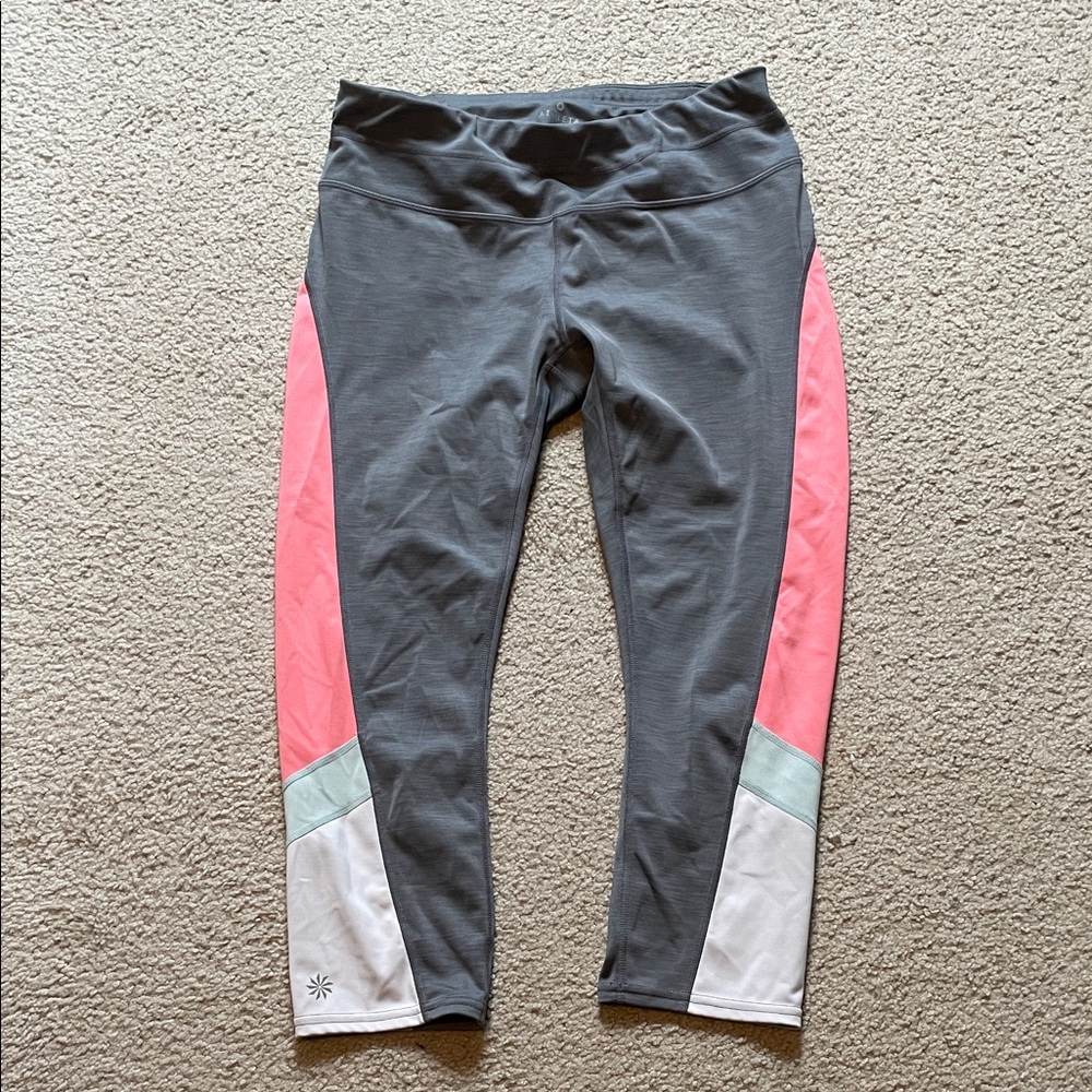Athleta Gray Leggings with Pink and White Colorblock Panels